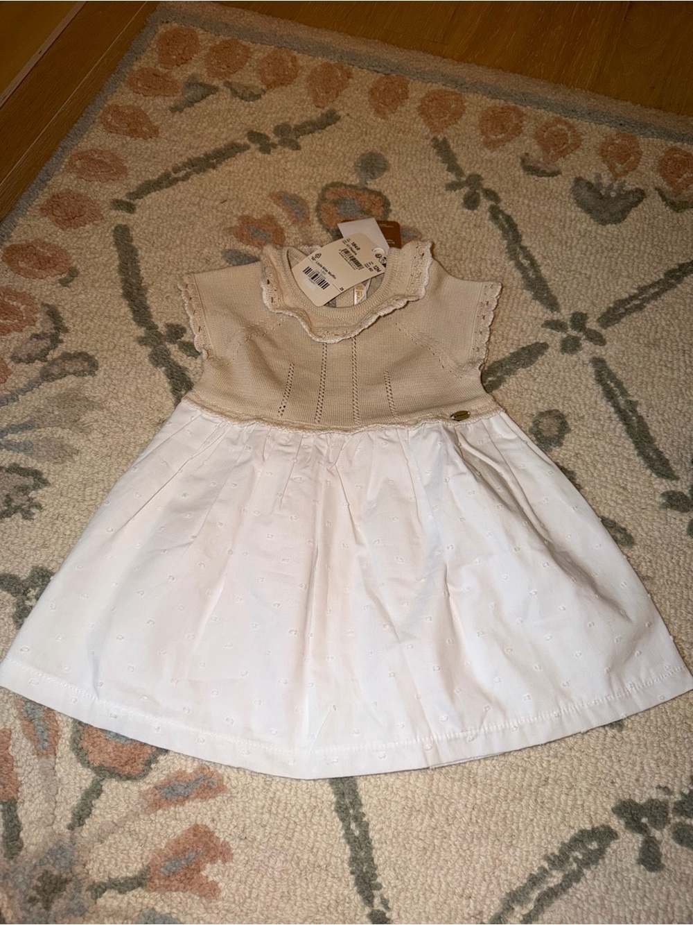 Mayoral Beige Knit Bodice with White Eyelet Skirt Girls Dress